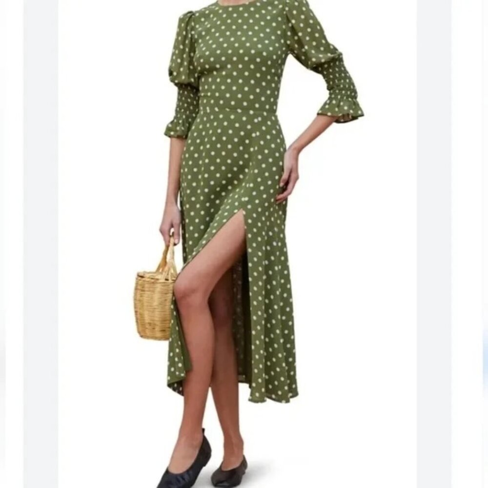 Reformation 'Carolena' Green polka dot midi dress with thigh slit
